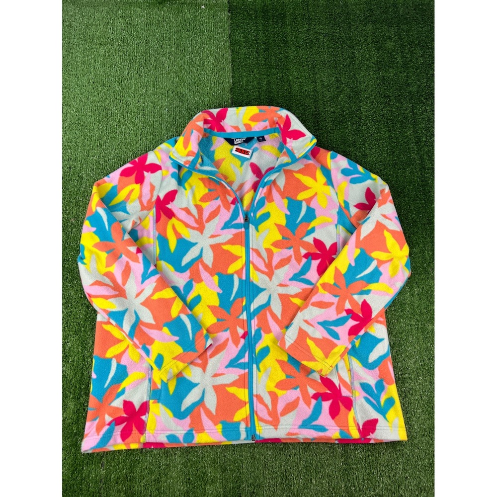 Lands End Womens XL Full Zip Fleece Jacket Tropical Floral Multi Color Print